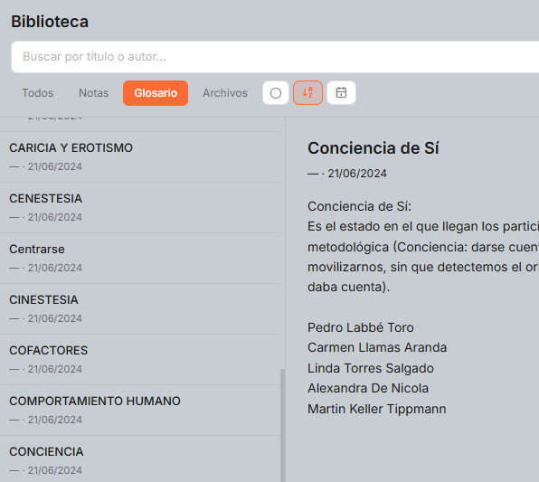 Biblioteca con glosario de Biodanza en BiO Momentos Desktop