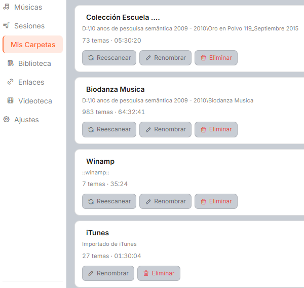 Mis Carpetas en BiO Momentos Desktop: Colección Escuela, Biodanza Música, Winamp, iTunes