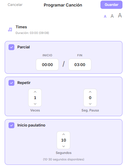 Diálogo de programar canción con parcial, repetir e inicio paulatino